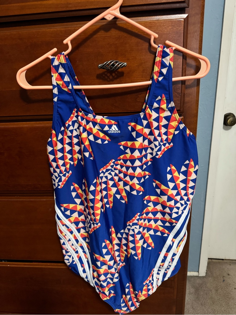 adidas Blue Geometric One-Piece Swimsuit with Multicolor Triangles